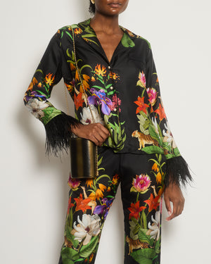 Borgo De Nor Black and Multi-Colour Jungle Print Trousers and Jacket Silk Set with Ostrich Feather Sleeve Detail Size UK 6