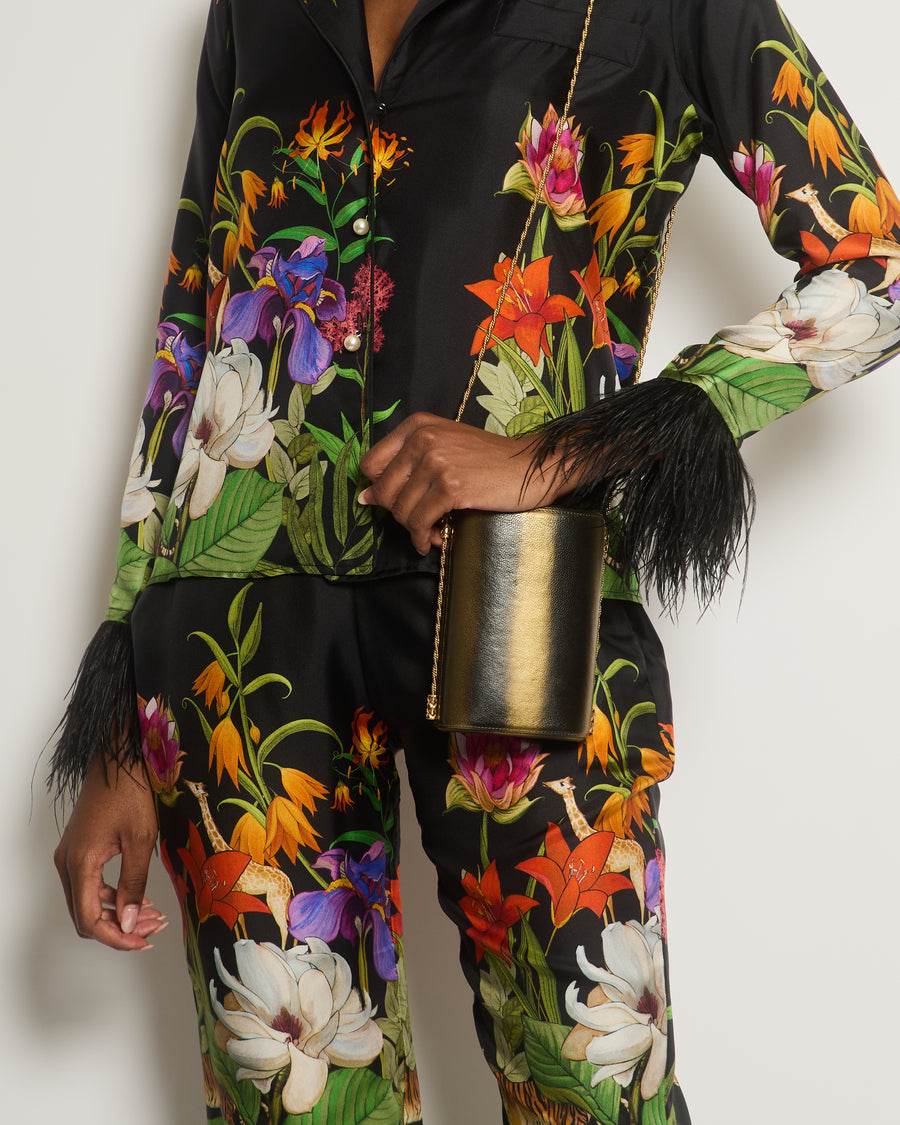 Borgo De Nor Black and Multi-Colour Jungle Print Trousers and Jacket Silk Set with Ostrich Feather Sleeve Detail Size UK 6