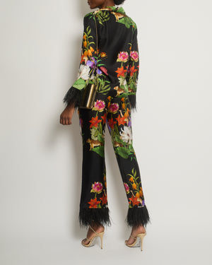 Borgo De Nor Black and Multi-Colour Jungle Print Trousers and Jacket Silk Set with Ostrich Feather Sleeve Detail Size UK 6