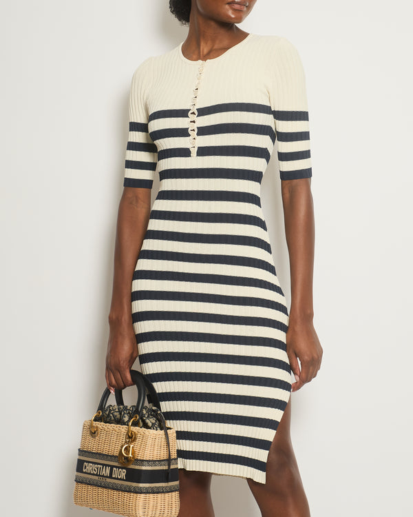 Altuzarra Cream & Blue Midi Ribbed Dress with Buttons Detail Size XS (UK 6 - 8)