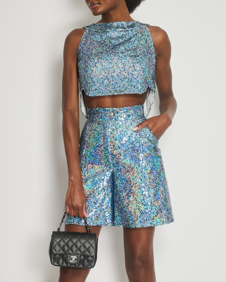 *HOT* Chanel 19P Blue Sequin Cropped Top and Short Set with Embellished Buttons Size FR 34 (UK 6) RRP £9,150