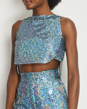 *HOT* Chanel 19P Blue Sequin Cropped Top and Short Set with Embellished Buttons Size FR 34 (UK 6) RRP £9,150