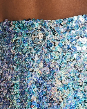 *HOT* Chanel 19P Blue Sequin Cropped Top and Short Set with Embellished Buttons Size FR 34 (UK 6) RRP £9,150