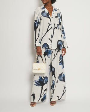 Alexander McQueen White, Blue Floral Printed Silk Shirt and Trousers Set Size IT 44 (UK 12)