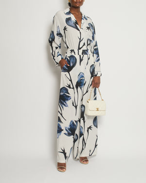 Alexander McQueen White, Blue Floral Printed Silk Shirt and Trousers Set Size IT 44 (UK 12)