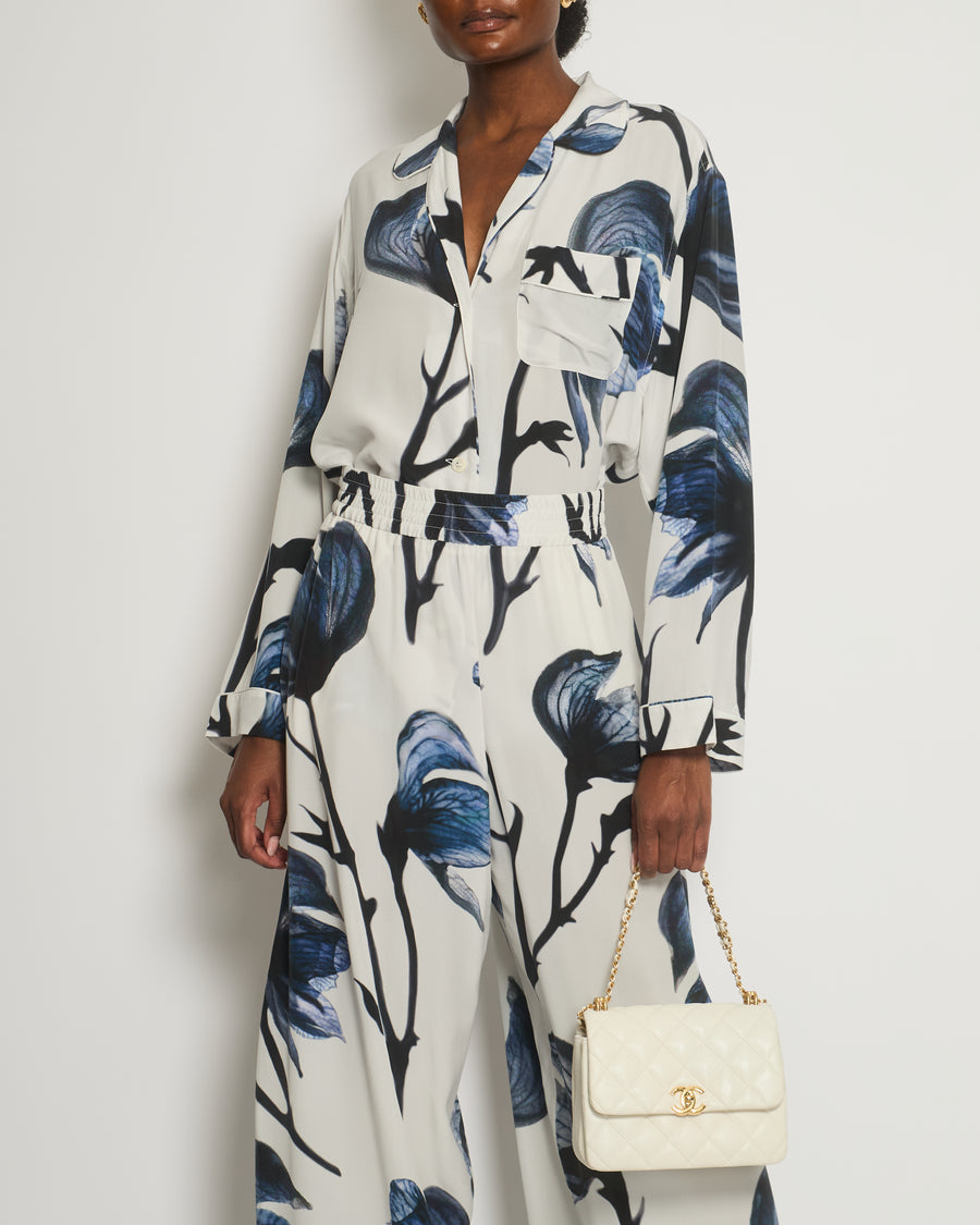 Alexander McQueen White, Blue Floral Printed Silk Shirt and Trousers Set Size IT 44 (UK 12)