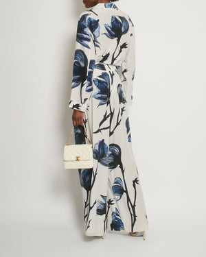 Alexander McQueen White, Blue Floral Printed Silk Shirt and Trousers Set Size IT 44 (UK 12)