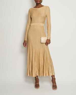 *HOT* Chanel Paris in Rome 2016 Métiers d'Art Metallic Gold Long-Sleeve Pleated Maxi Dress with CC Logo FR 36 (UK 8) RRP £2,900