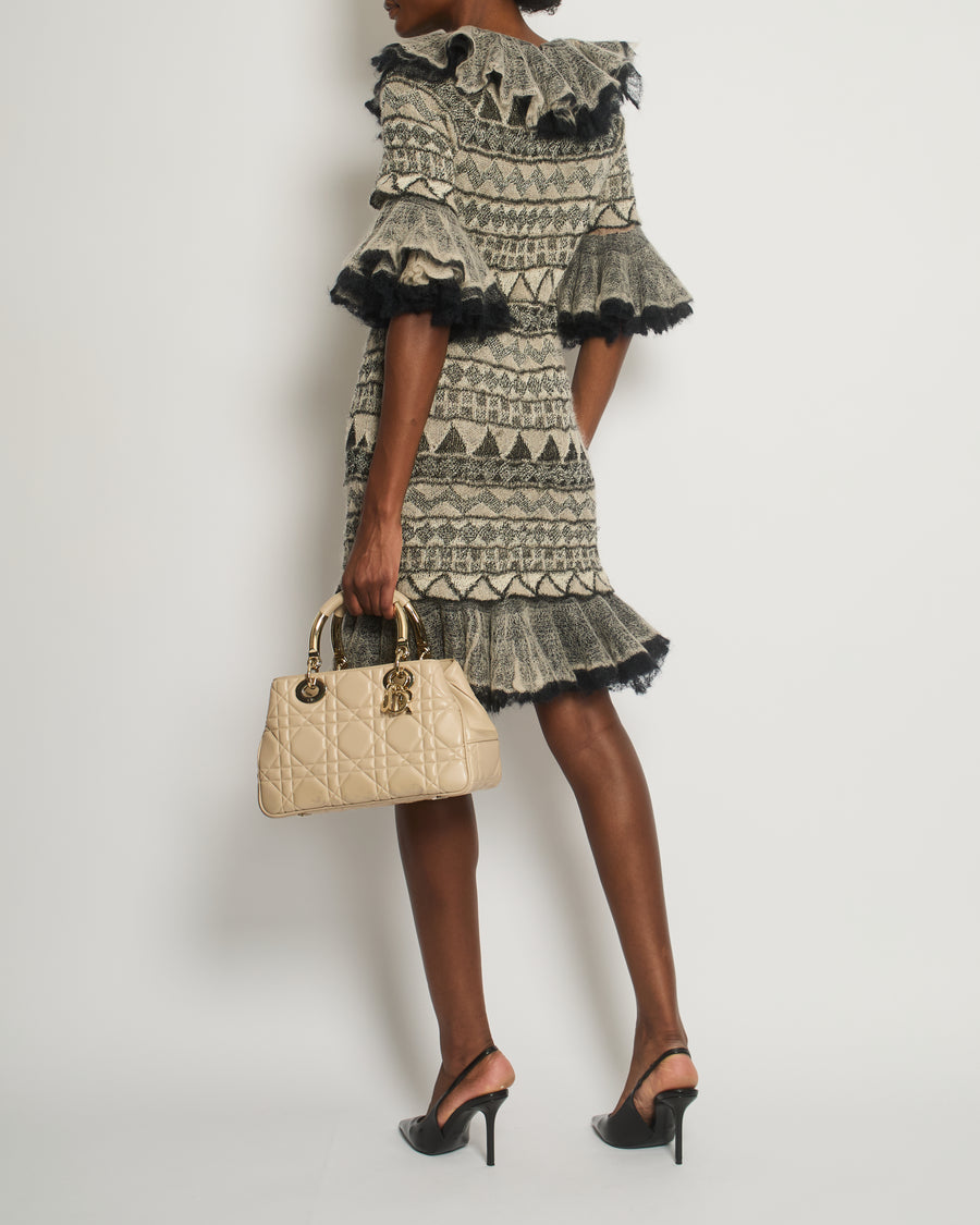 Chanel 2009 Paris-Moscow Black, Grey, Beige Wool and Mohair Mini Ruffle Dress Size FR 38 (UK 10) RRP £3,650