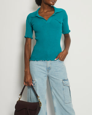 Bottega Veneta Turquoise Ribbed Wool Knit Short Sleeve T-Shirt with Pocket Detail Size Small (UK 8)