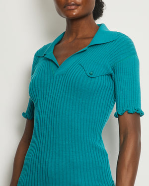 Bottega Veneta Turquoise Ribbed Wool Knit Short Sleeve T-Shirt with Pocket Detail Size Small (UK 8)