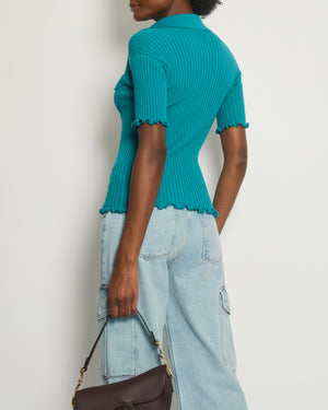 Bottega Veneta Turquoise Ribbed Wool Knit Short Sleeve T-Shirt with Pocket Detail Size Small (UK 8)