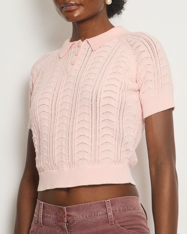 Alaia Pink Knit Short Sleeve Top with Polo Collar and Pattern Detailing Size FR 36 (UK 8)