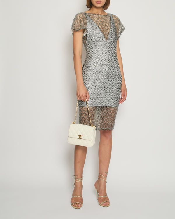 Chanel Silver Metallic Tweed Crochet Lace V-Neck Midi Dress FR 34 (UK 6)