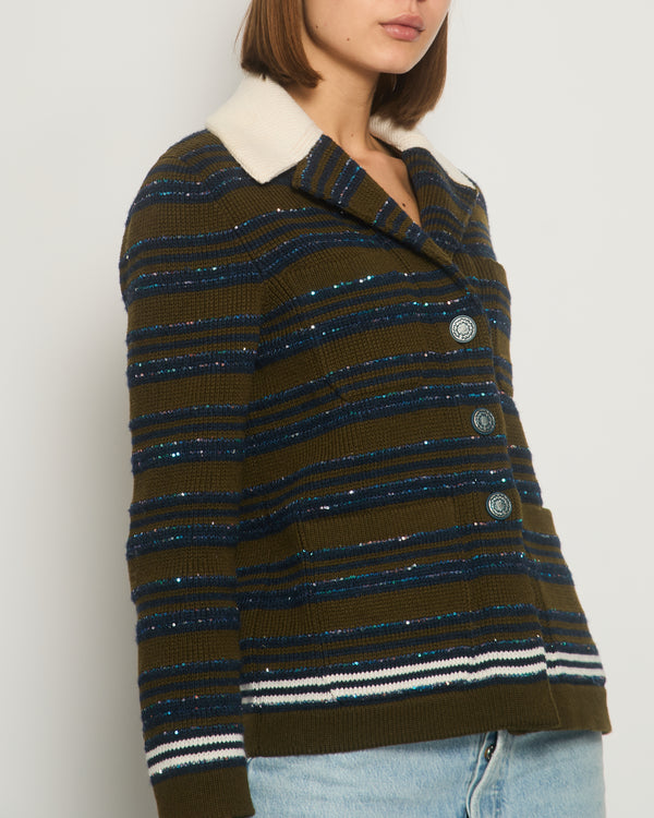 Chanel Runway 2020 Cashmere Striped Long Sleeve Jacket with Sequin Embellishment Detail FR 34 (UK 6)