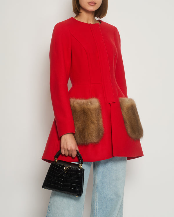 Ulyana Sergeenko Red Round Neck Long Sleeve Coat Dress with Sable Fur Pocket Detail FR 38 (UK 10)