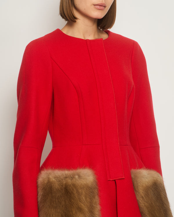 Ulyana Sergeenko Red Round Neck Long Sleeve Coat Dress with Sable Fur Pocket Detail FR 38 (UK 10)