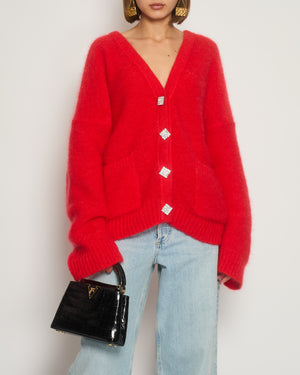 Alessandra Rich Red Mohair Over-Sized Cardigan with Embellished Button Detail IT 38 (UK 6)