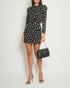 Saint Laurent Black Polkadot Mini Long-Sleeve Dress with Neck Tie and Shoulder Pad Detail FR 36 (UK 8)