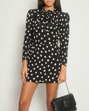 Saint Laurent Black Polkadot Mini Long-Sleeve Dress with Neck Tie and Shoulder Pad Detail FR 36 (UK 8)