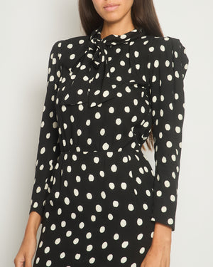 Saint Laurent Black Polkadot Mini Long-Sleeve Dress with Neck Tie and Shoulder Pad Detail FR 36 (UK 8)