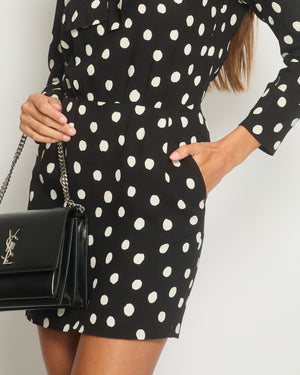 Saint Laurent Black Polkadot Mini Long-Sleeve Dress with Neck Tie and Shoulder Pad Detail FR 36 (UK 8)