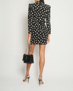 Saint Laurent Black Polkadot Mini Long-Sleeve Dress with Neck Tie and Shoulder Pad Detail FR 36 (UK 8)