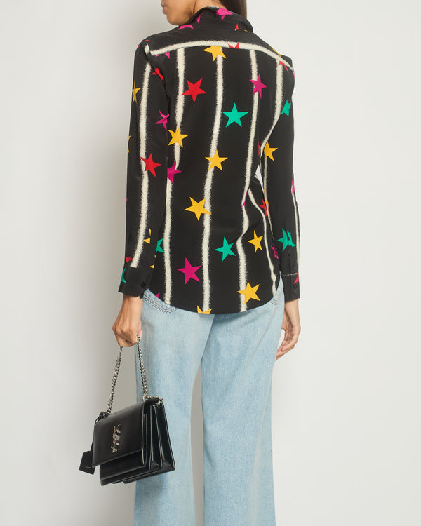 Saint Laurent Black Long-sleeve Silk Shirt With Multicolour Star Print Size FR 36 (UK 8)