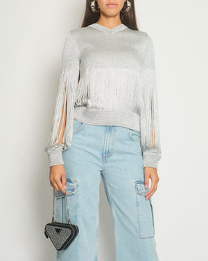 Bottega Veneta Silver Metallic Jumper with Fringe Details Size M (UK 10) RRP £1210