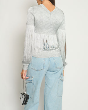 Bottega Veneta Silver Metallic Jumper with Fringe Details Size M (UK 10) RRP £1210