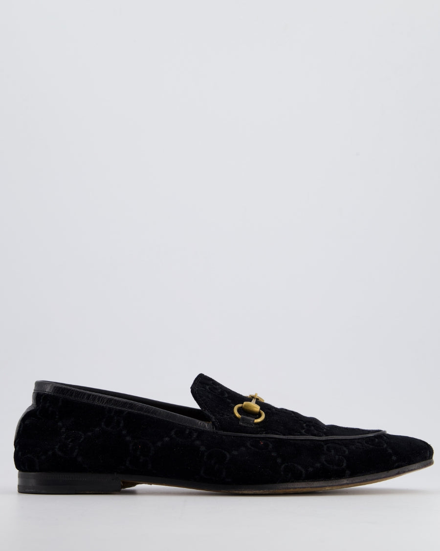 Gucci Horsebit Jordaan Loafers In Black Velvet with GG Monogram Details Size EU 45