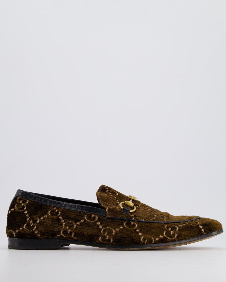 Gucci Horsebit Jordaan Loafers In Brown Velvet with GG Monogram Details Size EU 45