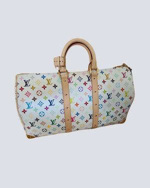 Louis Vuitton X Takashi Murakami White Keepall Bandoulière 45 Bag with Gold Hardware