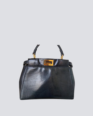 Fendi Black Lizard Leather Small Peekaboo Bag With Gold Hardware