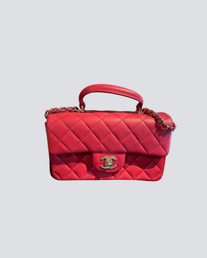 Chanel Strawberry Red Mini Rectangular Flap Bag With Top Handle In Lambskin Leather With Silver Hardware