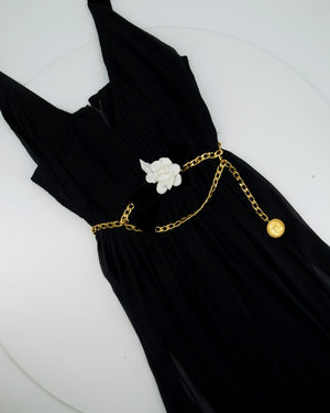 Chanel Black Silk Pleated Mini Dress with Gold Chain Belt and Flower Bow Detail FR 34 (UK 6)