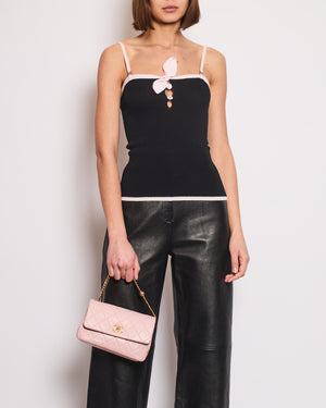 Chanel Black Tank Top with Pink Crystal CC Logo Straps and Bow Detail Size FR 38 (UK 10)