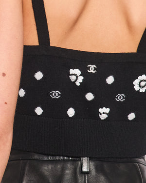 Chanel Black Floral Embellished CC Cropped Tank Top Size FR 38 (UK 10)