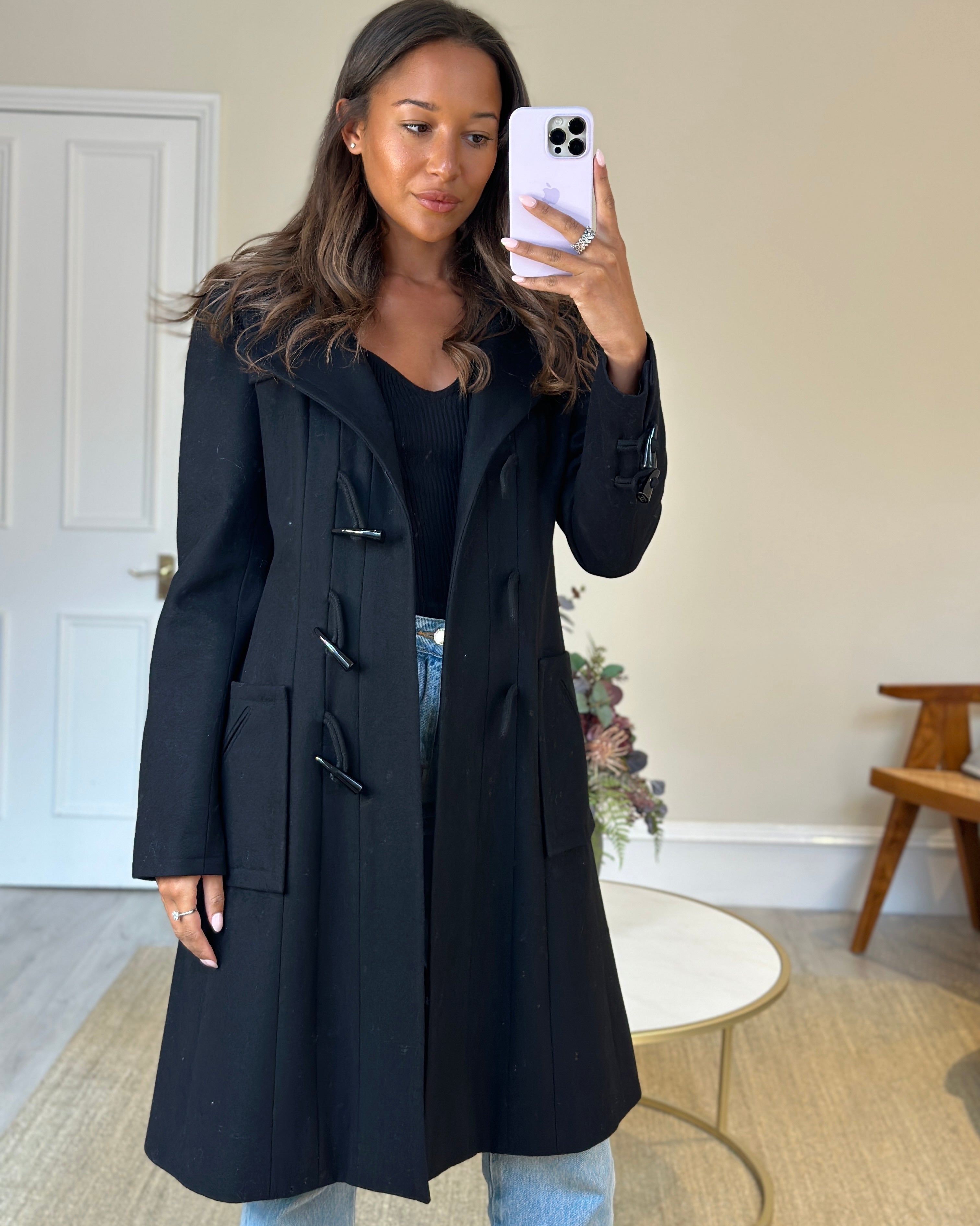 Chanel Black Hooded Longline Wool Coat with Toggle Fasten Detail FR 42 Sellier