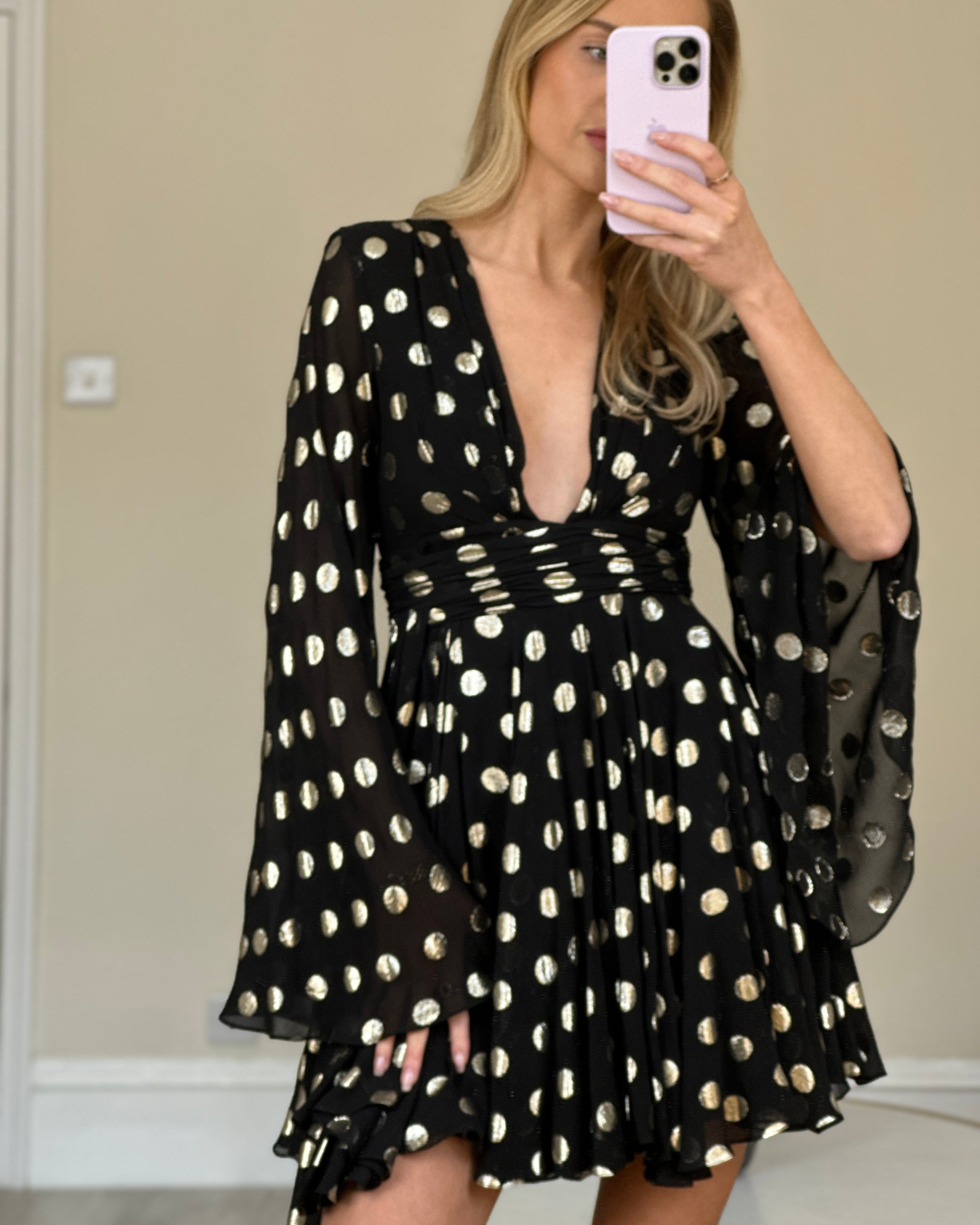 Saint Laurent Black Silk Mini Long Sleeve and Gold Polkadot Dress