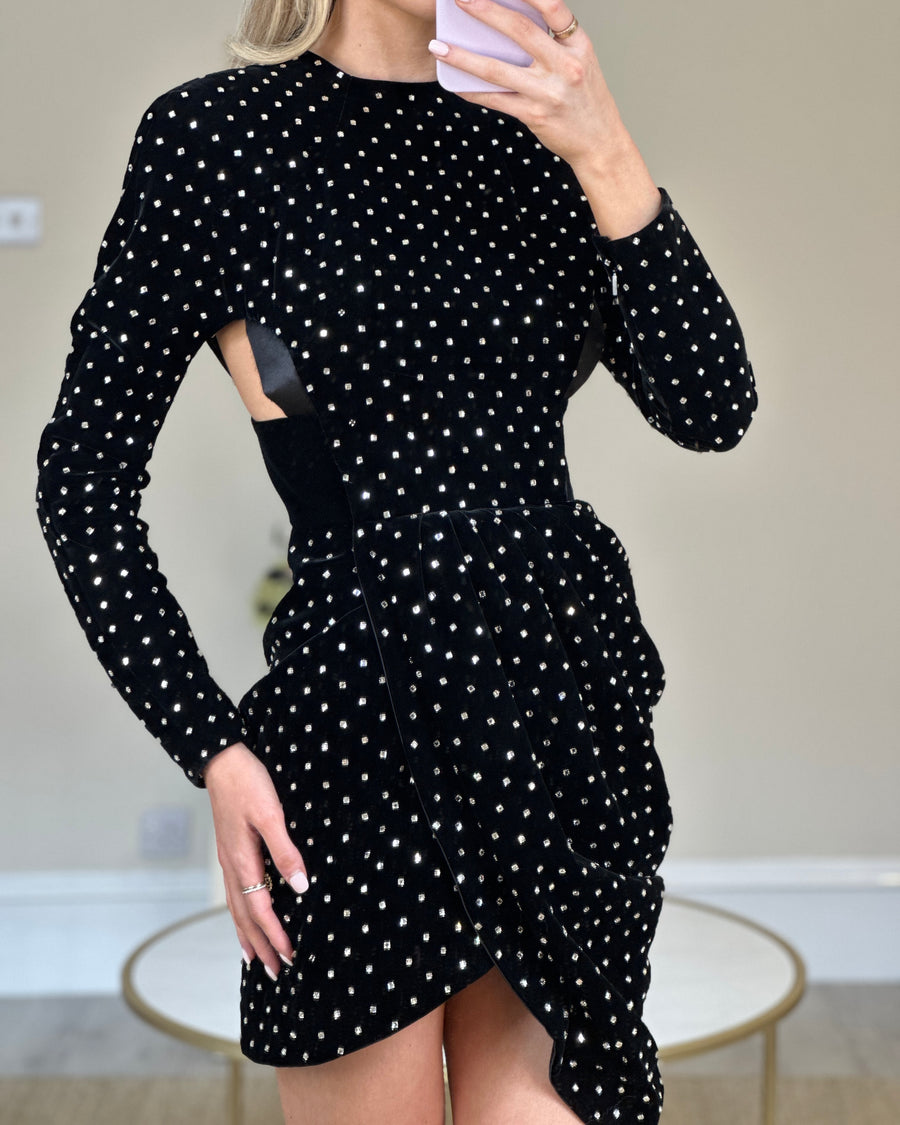 Saint Laurent Black Long Sleeve Velvet V Neck Dress with Ruched Detail –  Sellier