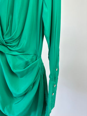 Gauge81 Emerald Green Silk Ruched Shirt Dress with Crystal Cuff Detail Size S (UK 8)