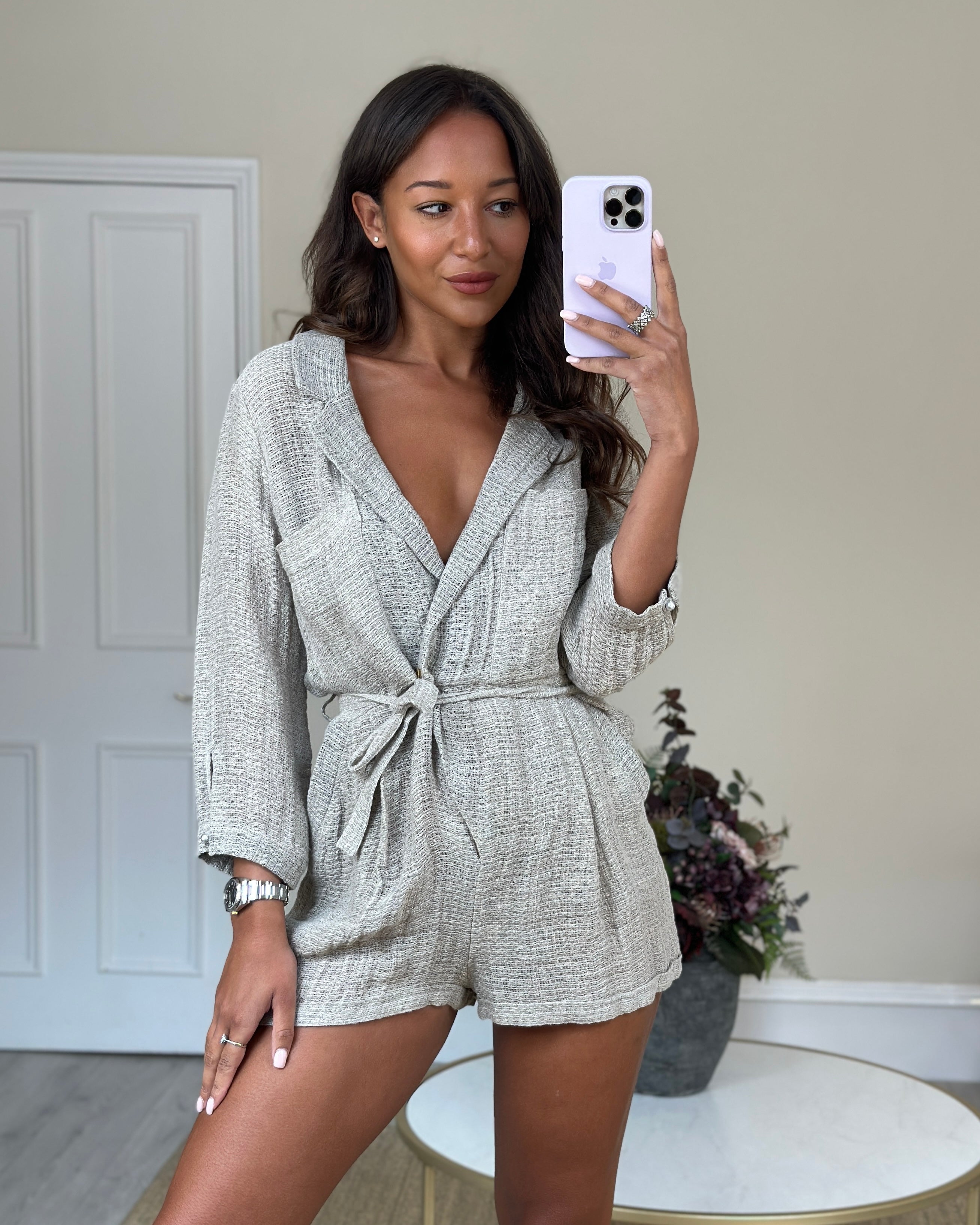 Le Kasha Beige Linen Playsuit with Zip Up Detail Size XS UK 6 8 Sellier