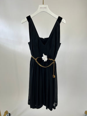 Chanel Black Silk Pleated Mini Dress with Gold Chain Belt and Flower Bow Detail FR 34 (UK 6)