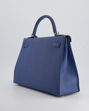 Hermes 32cm Blue Jean Epsom Leather Palladium Plated Kelly Sellier