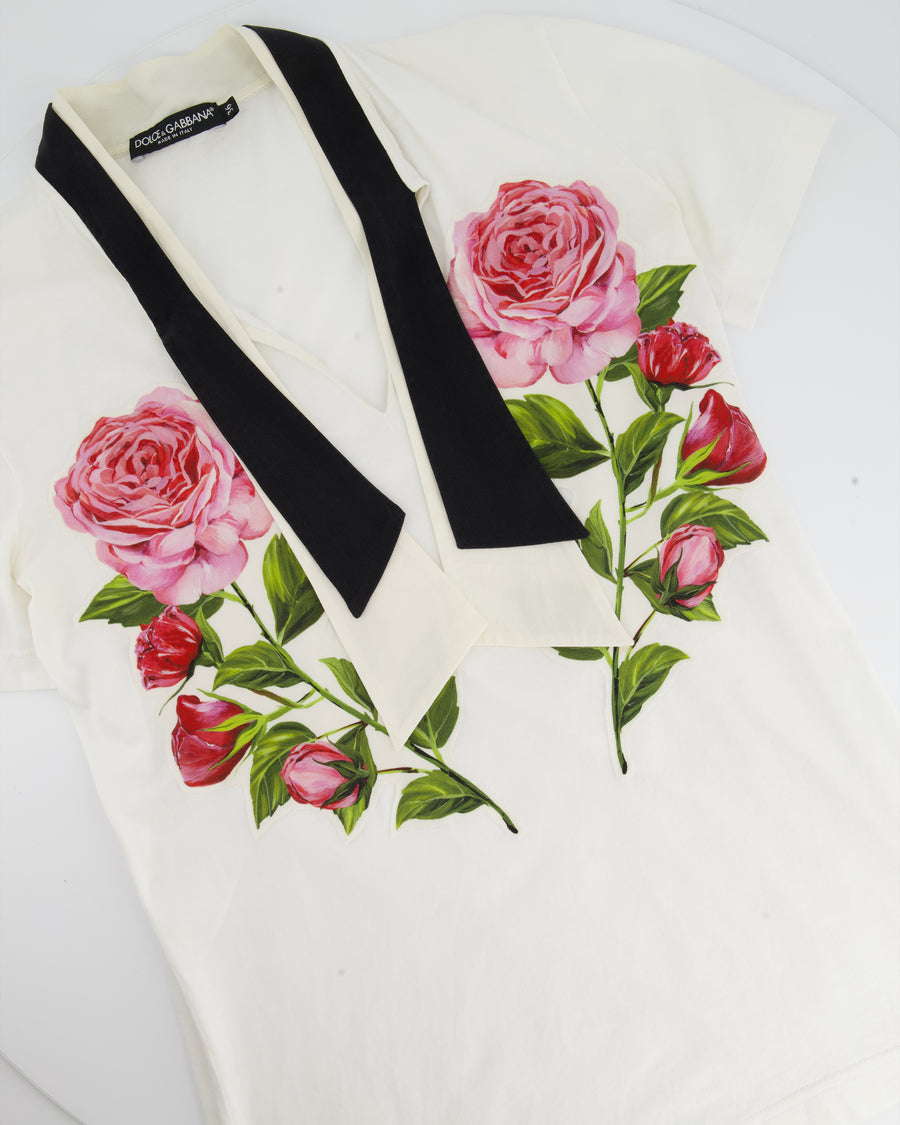 Dolce & Gabbana White V-Neck T-shirt with Rose and Tie Neck Detail Size IT 36 (UK 4)