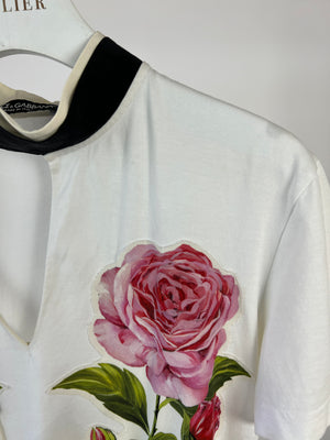 Dolce & Gabbana White V-Neck T-shirt with Rose and Tie Neck Detail Size IT 36 (UK 4)