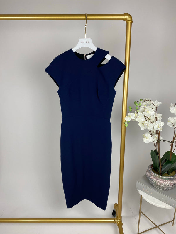 Victoria Beckham Navy Asymmetric Midi Dress Size UK 12