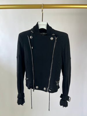 Balmain Black Bomber Shoulder Padded Jacket with Silver Button Detailing FR 36 (UK 8)