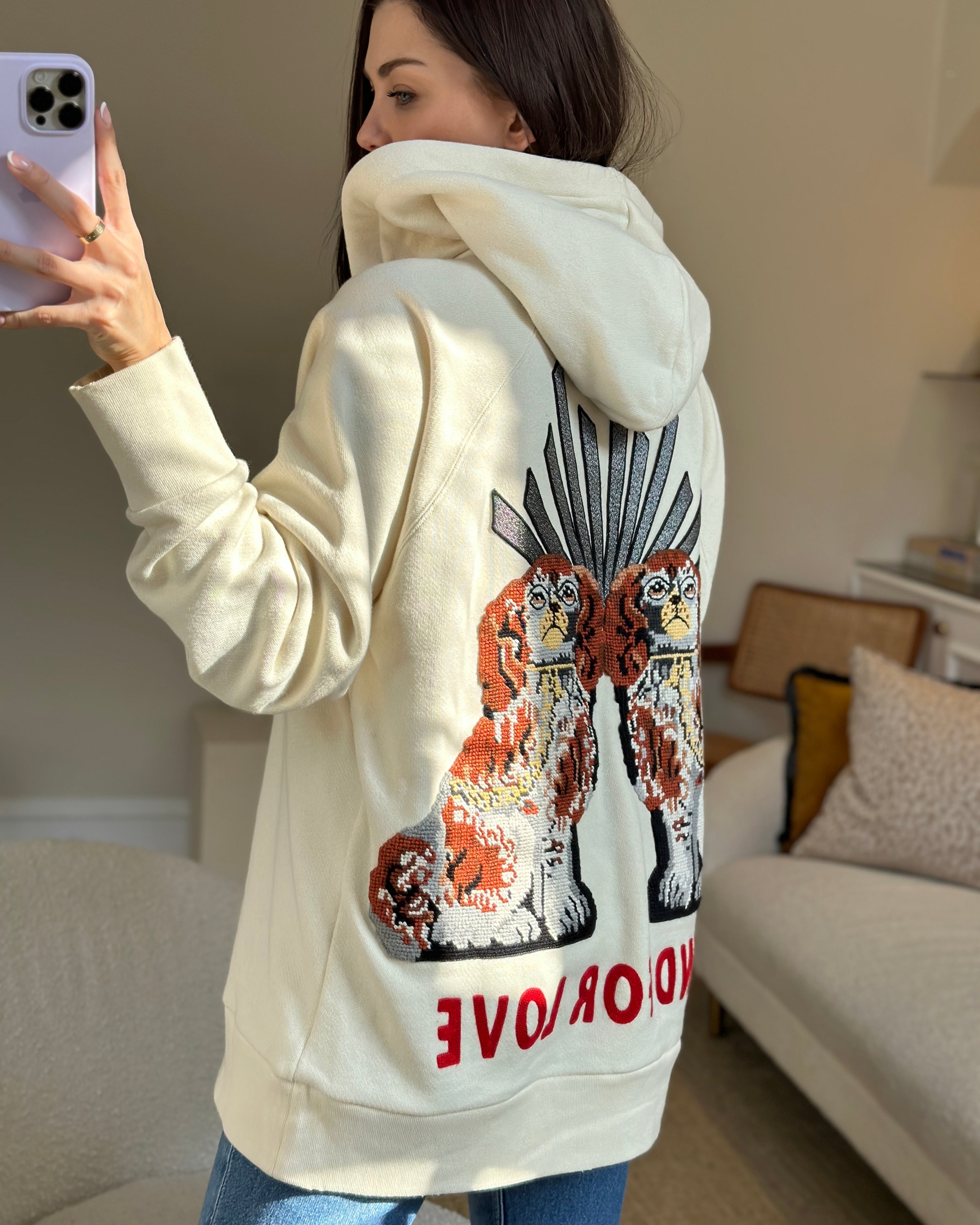 Gucci Cream Logo Blind For Love Hoodie with Back Embroidery